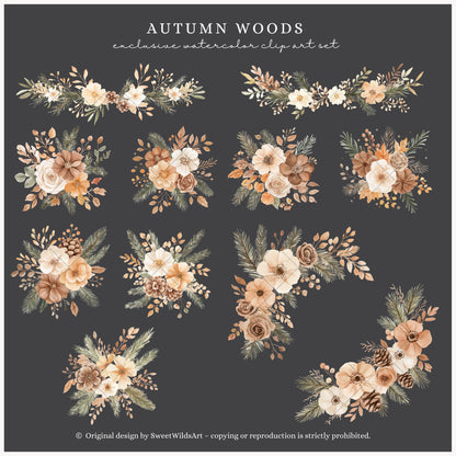 Autumn Woods - Floral Arrangements, Fall Bouquets Clipart, Pumpkins | 25 PNG