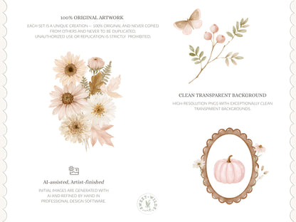 Gentle October - Watercolor Fall Floral Arrangements, Autumn Botanicals Collection | 30 PNG