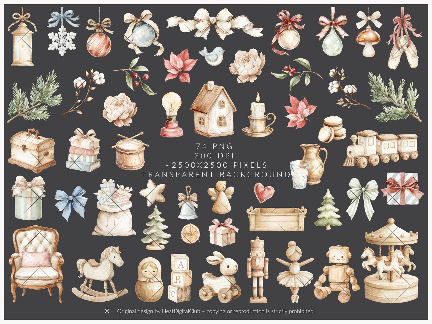 Christmas Atelier - Cute Vintage Holiday Toys Clipart, Winter Grandmillennial Nursery | 84 PNG/JPEG