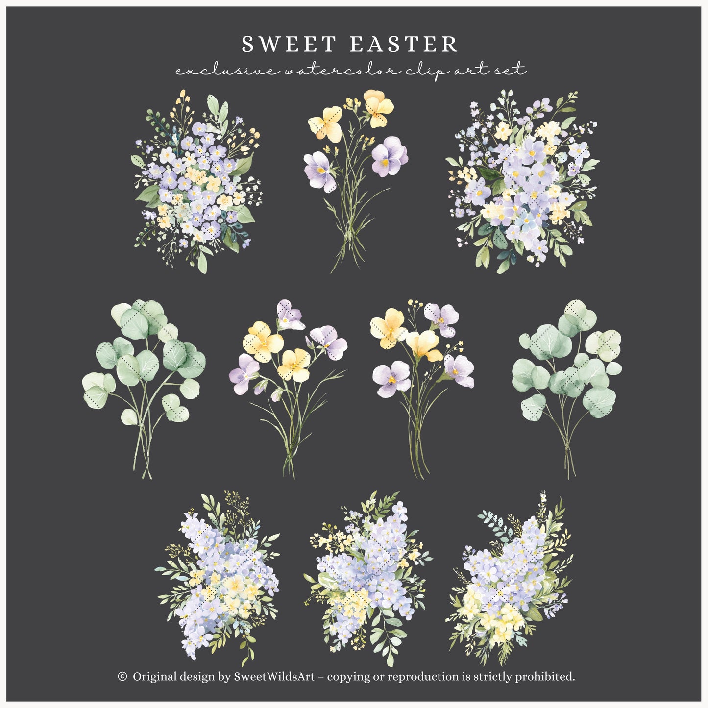 Sweet Easter - Floral Compositions Clipart, Lavender Yellow Blooms, Spring Florals, Cottage | 21 PNG