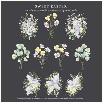 Sweet Easter - Floral Compositions Clipart, Lavender Yellow Blooms, Spring Florals, Cottage | 21 PNG