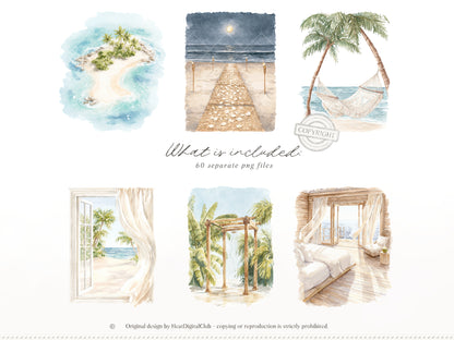 Coconut Dune - Tropical Summer Clipart, Beach Aesthetic, Neutral Coastal Elements, Resort Vacation | 60 PNG