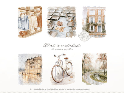 Gentle Fall - Clipart, London Autumn, Cozy Autumn, Neutral Fall Aesthetic, Rainy Day | 60 PNG