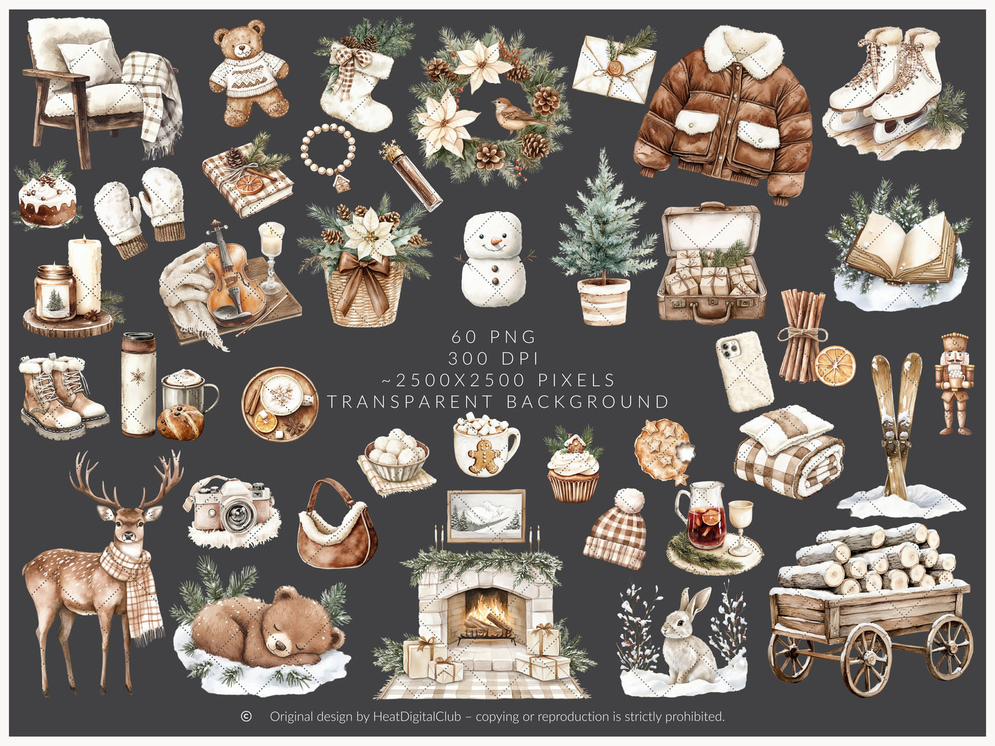 Winter Cocoa - Clipart Set, Elegant Cozy Christmas | 60 PNG