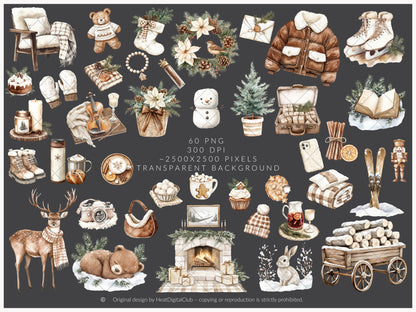 Winter Cocoa - Clipart Set, Elegant Cozy Christmas | 60 PNG
