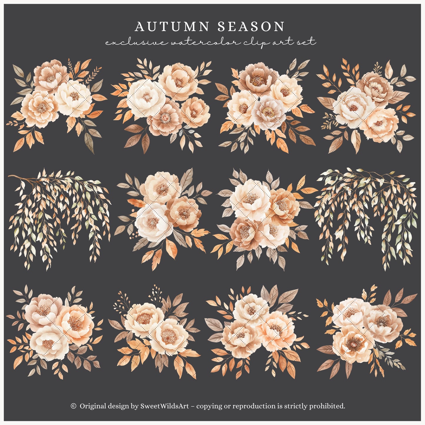 Autumn Season - Floral Arrangements, Fall Bouquets, Beige, Rustic Pumpkins | 25 PNG