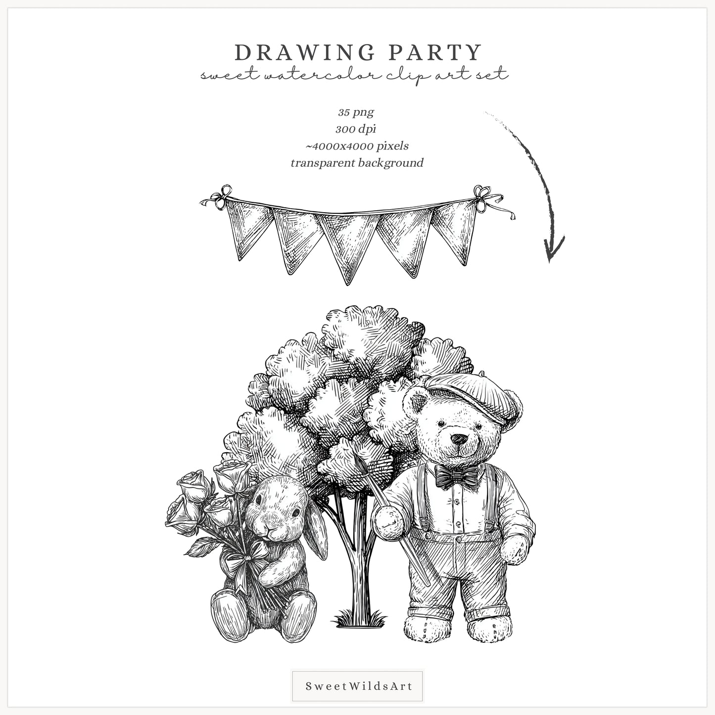 Drawing Party - Line Art Clipart, Birthday Animals, Black and White Teddy Bear | 35 PNG