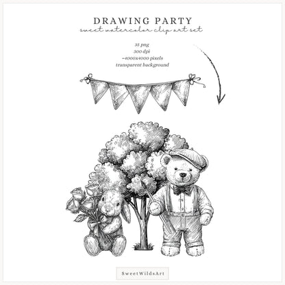 Drawing Party - Line Art Clipart, Birthday Animals, Black and White Teddy Bear | 35 PNG