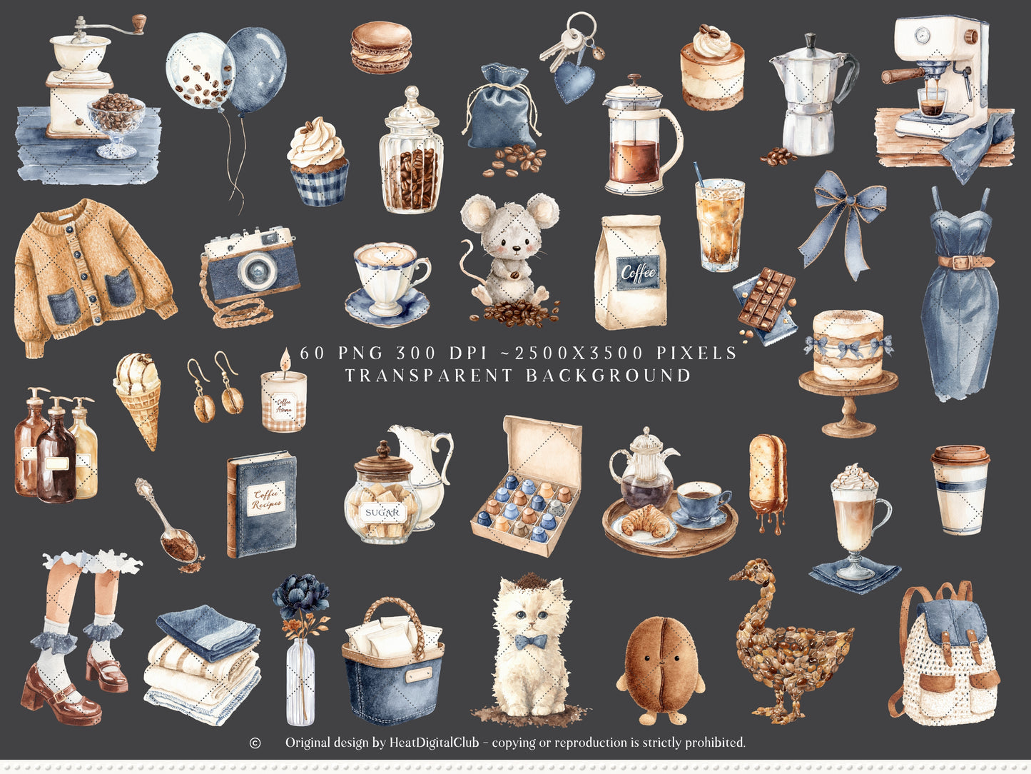 Coffee & Denim - Clipart Set, Denim Aesthetic, Cafe Decor, Cozy Lifestyle Cottagecore | 60 PNG