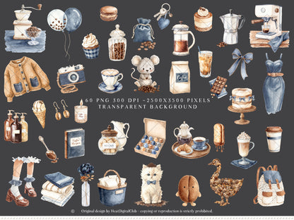Coffee & Denim - Clipart Set, Denim Aesthetic, Cafe Decor, Cozy Lifestyle Cottagecore | 60 PNG