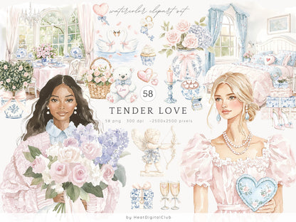 Tender Love - Grandmillennial Valentines Day Clipart, Elegant | 58 PNG