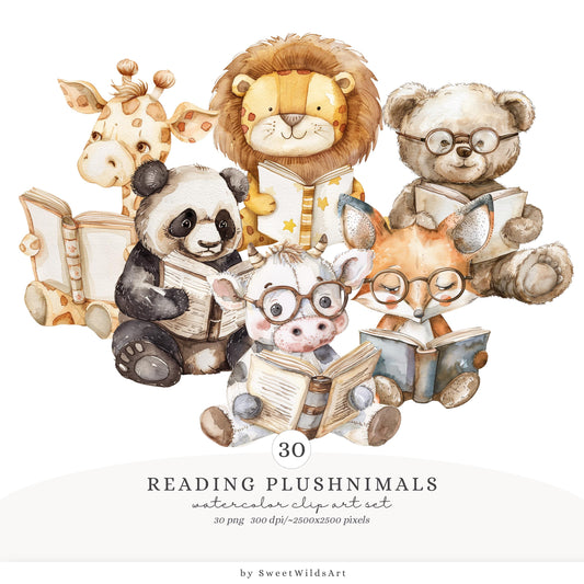 Reading Plush - Animals Clipart, Vintage Nursery, Cute Party, Baby | 30 PNG