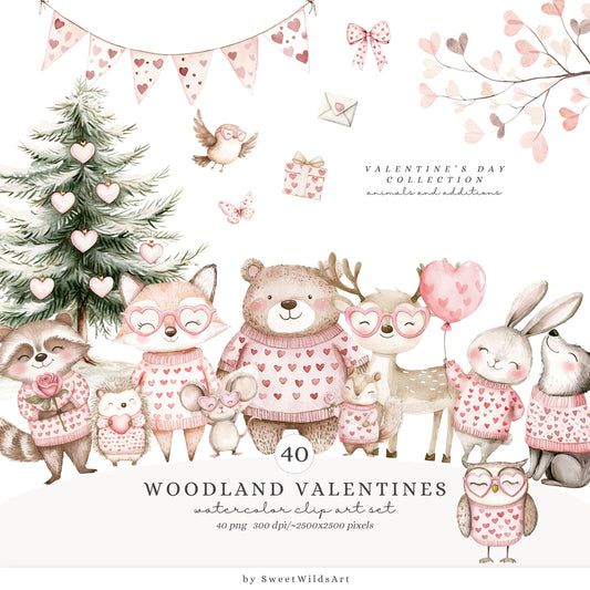 Woodland Valentines - Woodland in Love, Baby Animal Clipart, Cute Baby Shower | 40 PNG