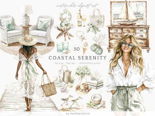 Coastal Serenity - Beach Time Clipart, Neutral Summer | 50 PNG