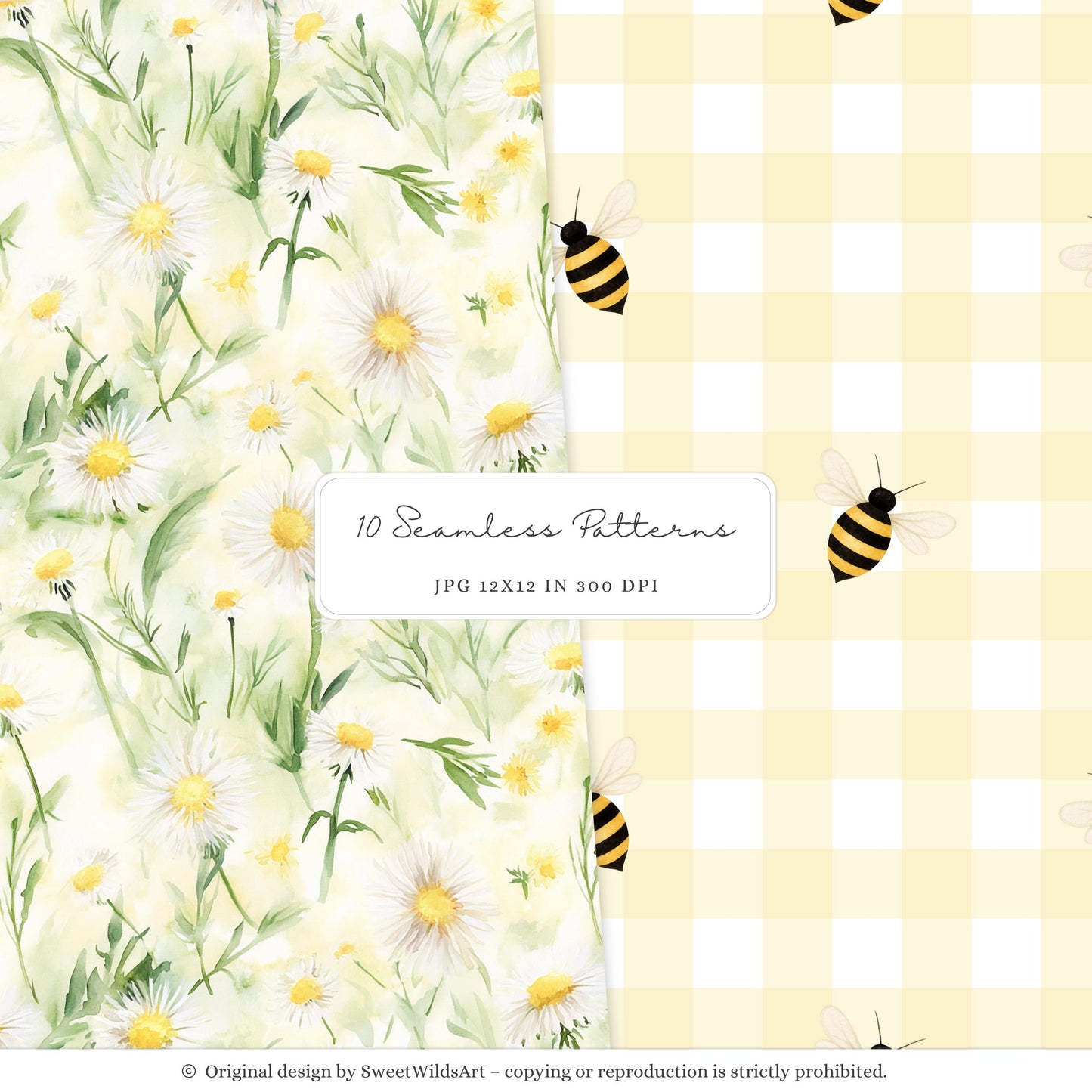 Honey Garden - Seamless Patterns, Bees, Honeycombs, Gingham | 10 JPEG