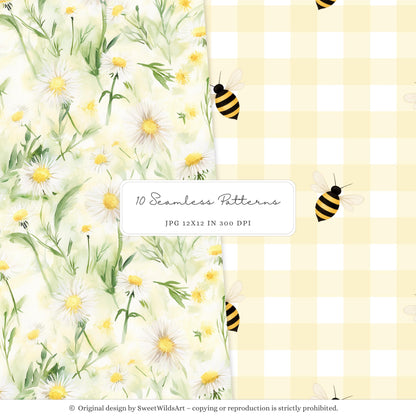 Honey Garden - Seamless Patterns, Bees, Honeycombs, Gingham | 10 JPEG