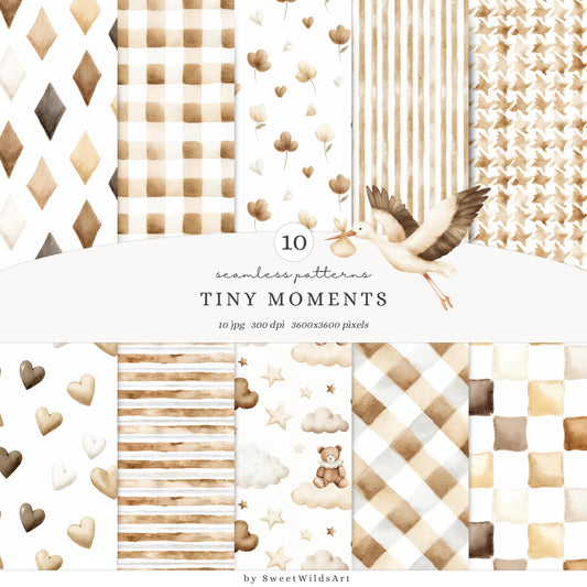 Tiny Moments - Seamless Patterns, Beige and Cream Baby, Gingham | 10 JPEG
