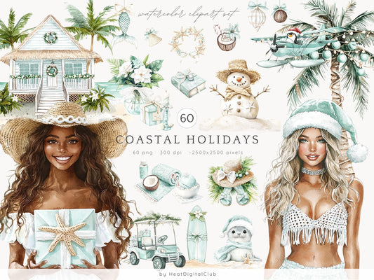Coastal Holidays - Cozy Winter Clipart, Ocean Christmas, Tropical | 60 PNG