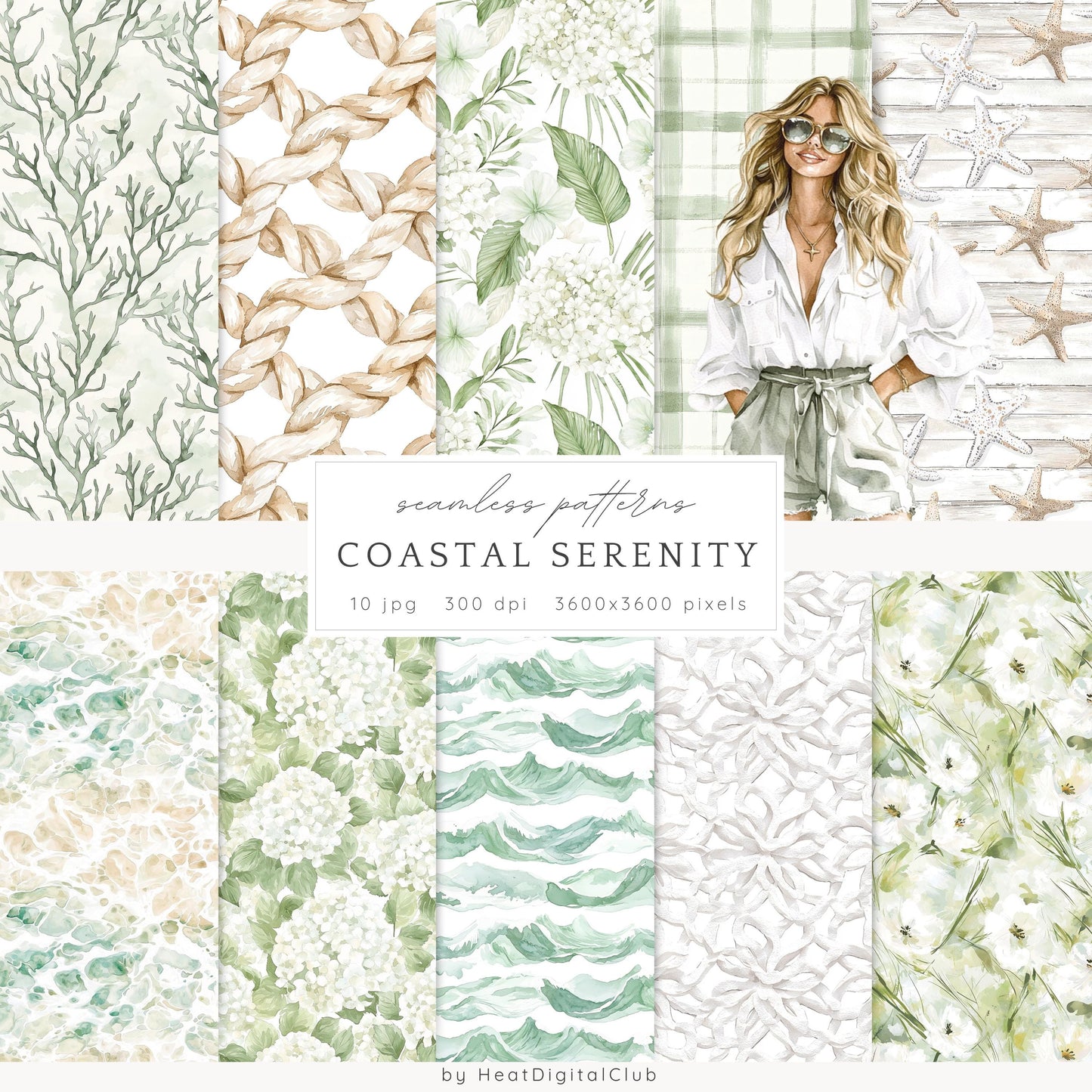 Coastal Serenity - Seamless Patterns, Beach, Neutral, Summer | 10 JPEG