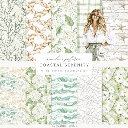 Coastal Serenity - Seamless Patterns, Beach, Neutral, Summer | 10 JPEG