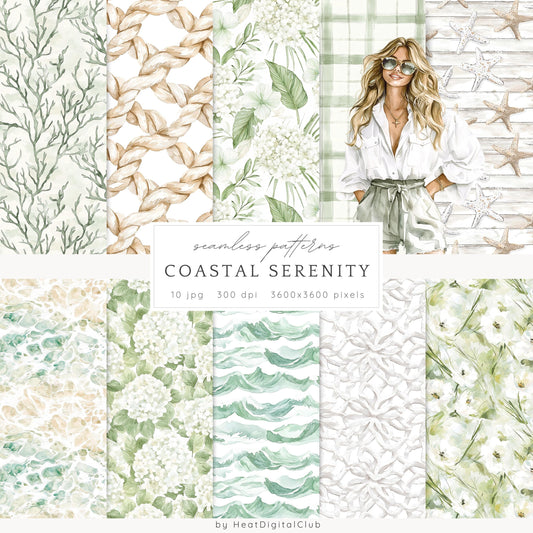 Coastal Serenity - Seamless Patterns, Beach, Neutral, Summer | 10 JPEG