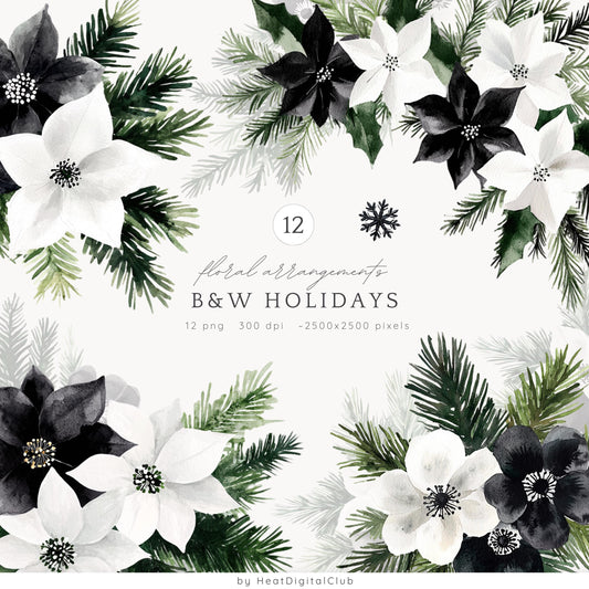 Black and White Holidays - Winter Floral Arrangement Clipart, Cozy Christmas | 12 PNG