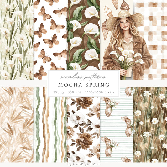 Mocha Spring - Seamless Floral Pattern, Spring Flowers | 10 JPEG