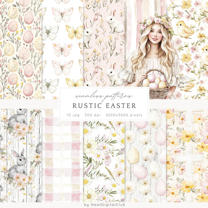 Rustic Easter - Seamless Patterns, Floral, Spring, Bunny | 10 JPEG