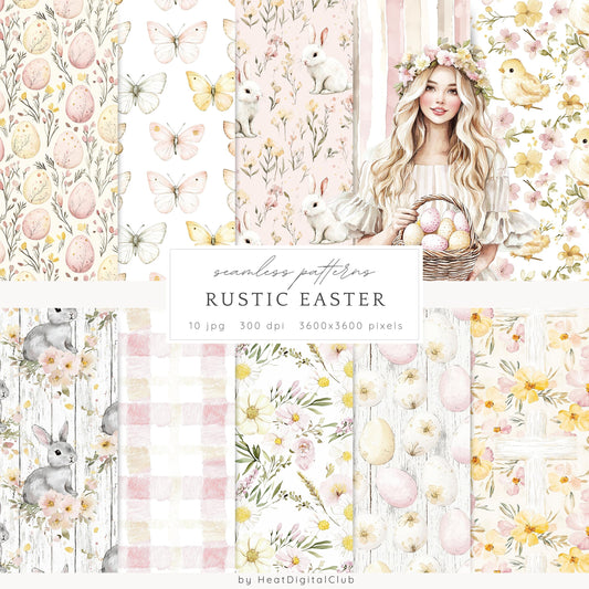 Rustic Easter - Seamless Patterns, Floral, Spring, Bunny | 10 JPEG
