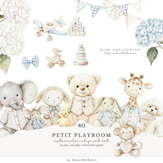 Petit Playroom - Grandmillennial Toys, Cute Nursery, Pastel Baby Animals | 40 PNG