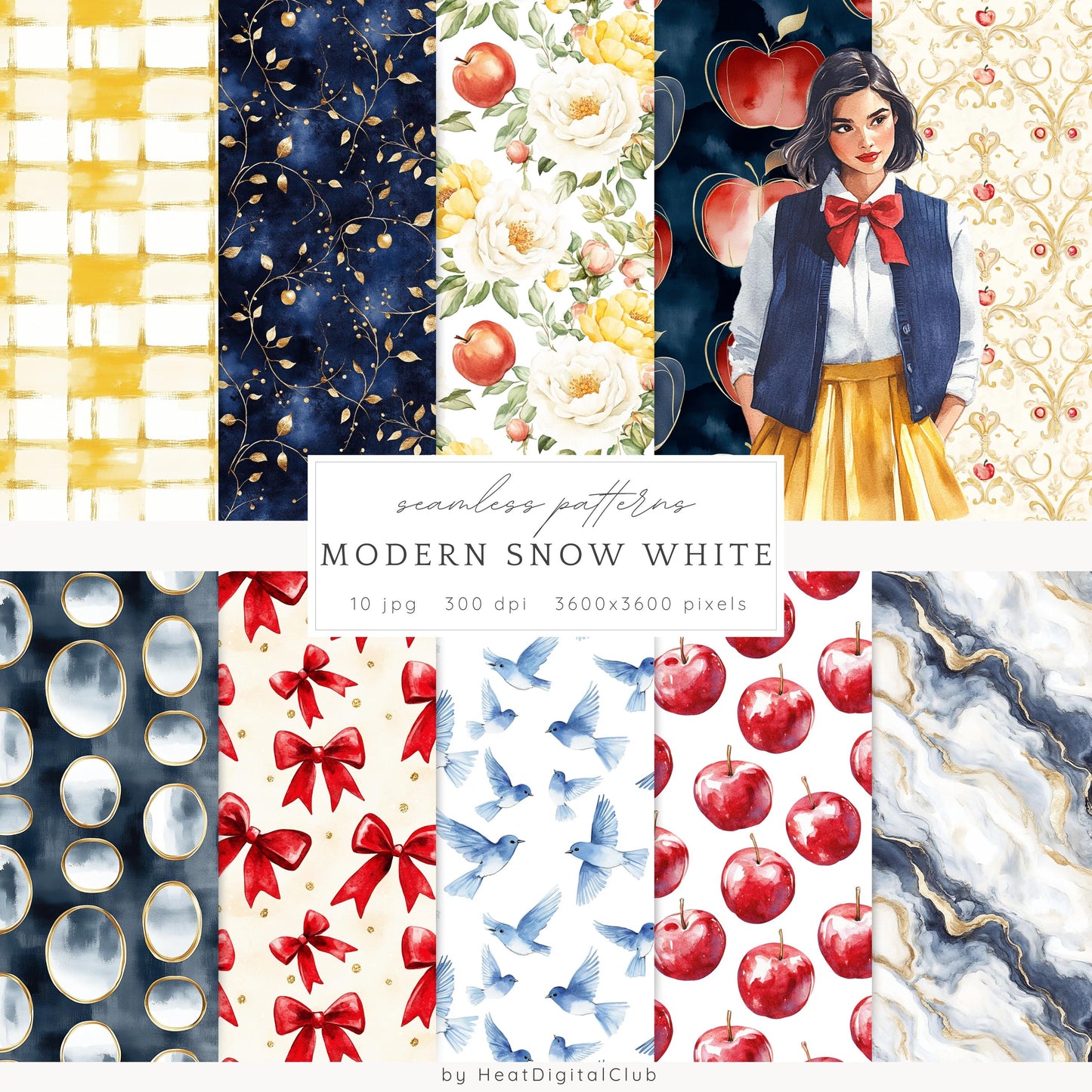 Modern Snow White - Seamless Patterns, Fantasy, Floral, Roses | 10 JPEG