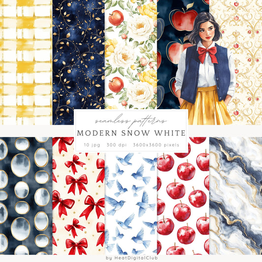 Modern Snow White - Seamless Patterns, Fantasy, Floral, Roses | 10 JPEG