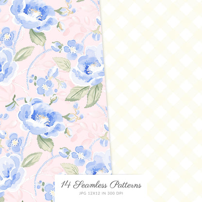 Grandmillennial - Seamless Patterns, Set 2, Pastel Floral, Stripes, Plaid, Glitter | 14 JPEG