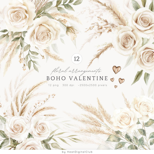 Boho Valentine - Floral Arrangements Clipart, White Roses, Rustic Rose | 12 PNG