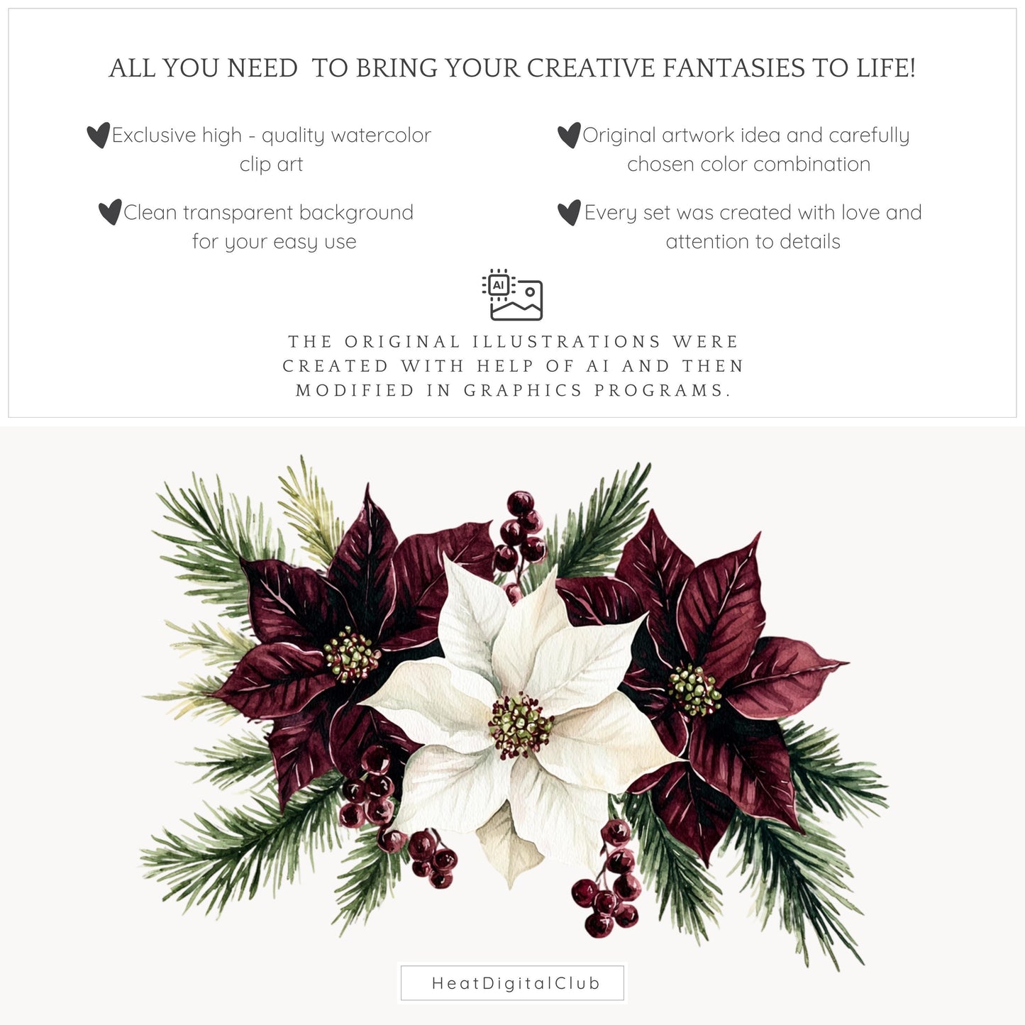 Joyful Time - Winter Floral Arrangement, Cozy Christmas Clipart Bundle | 12 PNG