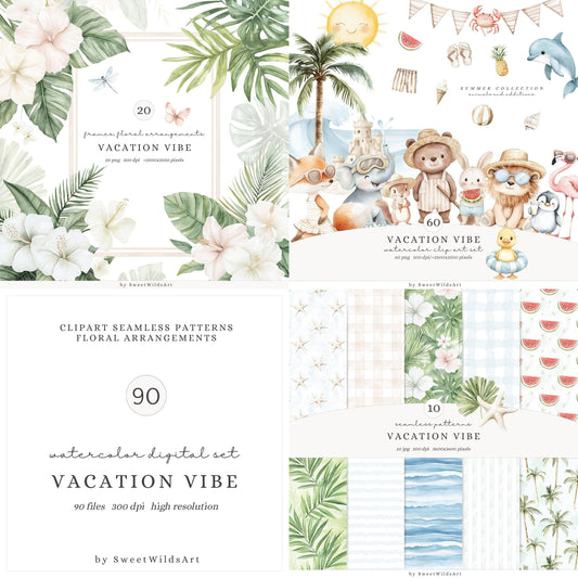 Vacation Vibe - Collection Bundle, Ocean Nursery, Baby Animals | 90 PNG/JPEG