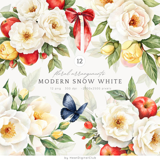 Modern Snow White - Floral Arrangements, White Peonies, Yellow Roses | 12 PNG