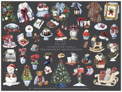 Chinoiserie Holidays - Clipart Set, Christmas, Tartan, Elegant Grandmillennial Winter | 66 PNG