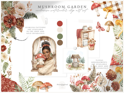 Mushroom Garden - Cottage Clipart, Forest Mushroomcore, Woodland Mushrooms, Cottagecore | 60 PNG