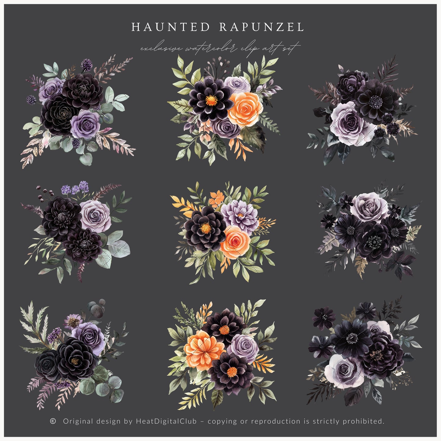 Haunted Rapunzel - Watercolor Floral Arrangements,Gothic Halloween Pumpkins | 20 PNG