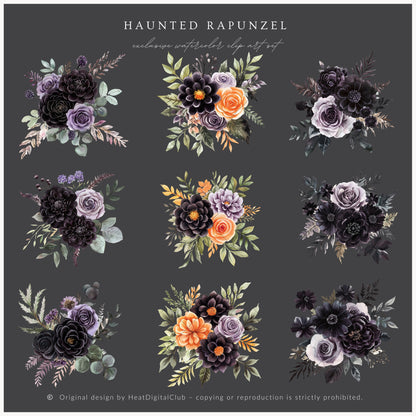 Haunted Rapunzel - Watercolor Floral Arrangements,Gothic Halloween Pumpkins | 20 PNG
