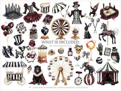 Dark Circus - Gothic Halloween, Vintage Carnival Clipart, Spooky Performer | 60 PNG