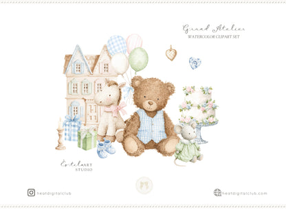 Grand Atelier - Baby Nursery Clipart, Vintage Toys, Teddy Bear, Bunny, Pastel Baby Shower, Grandmillennial | 78 PNG