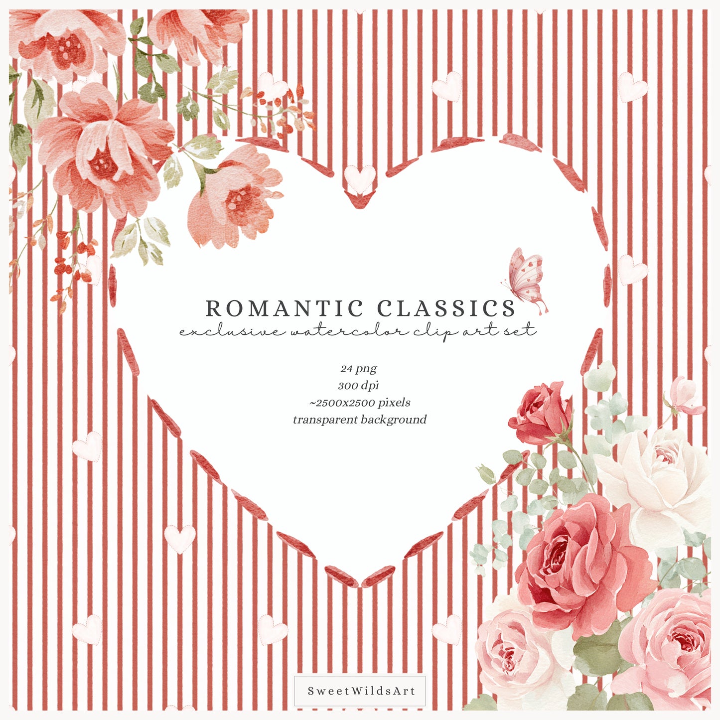 Romantic Classics - Floral Arrangements Clipart, Rose Bouquets, Valentine's Day, Hearts | 24 JPEG