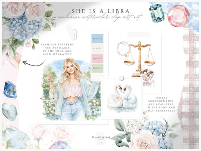 She is a Libra - Watercolor Clipart, Zodiac, Balance Scales, Feminine Zodiac, Astrology | 60 PNG