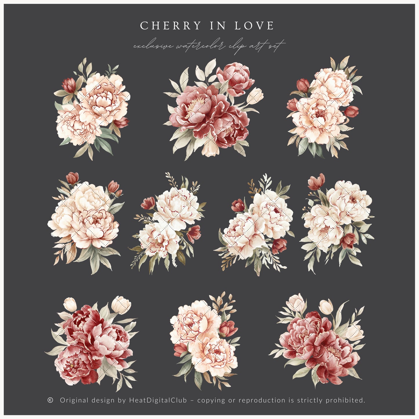 Cherry in Love - Valentine's Day Floral Arrangements Clipart, Valentine Peonies , Romantic | 25 PNG