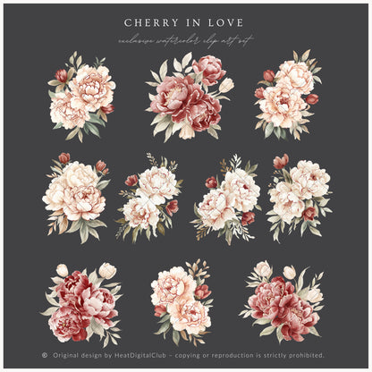 Cherry in Love - Valentine's Day Floral Arrangements Clipart, Valentine Peonies , Romantic | 25 PNG