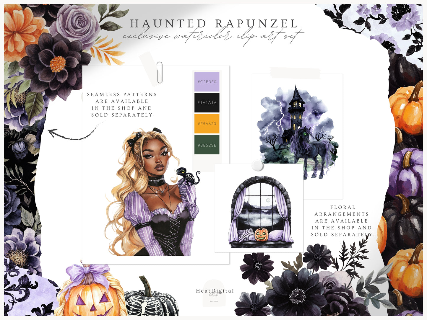 Haunted Rapunzel - Watercolor Clipart Set, Fairytale Gothic Halloween | 60 PNG