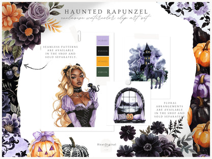 Haunted Rapunzel - Watercolor Clipart Set, Fairytale Gothic Halloween | 60 PNG
