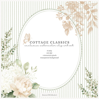 Cottage Classics - Floral Arrangements Clipart, Hydrangea Floral, Toile, Rustic Countryside | 22 PNG